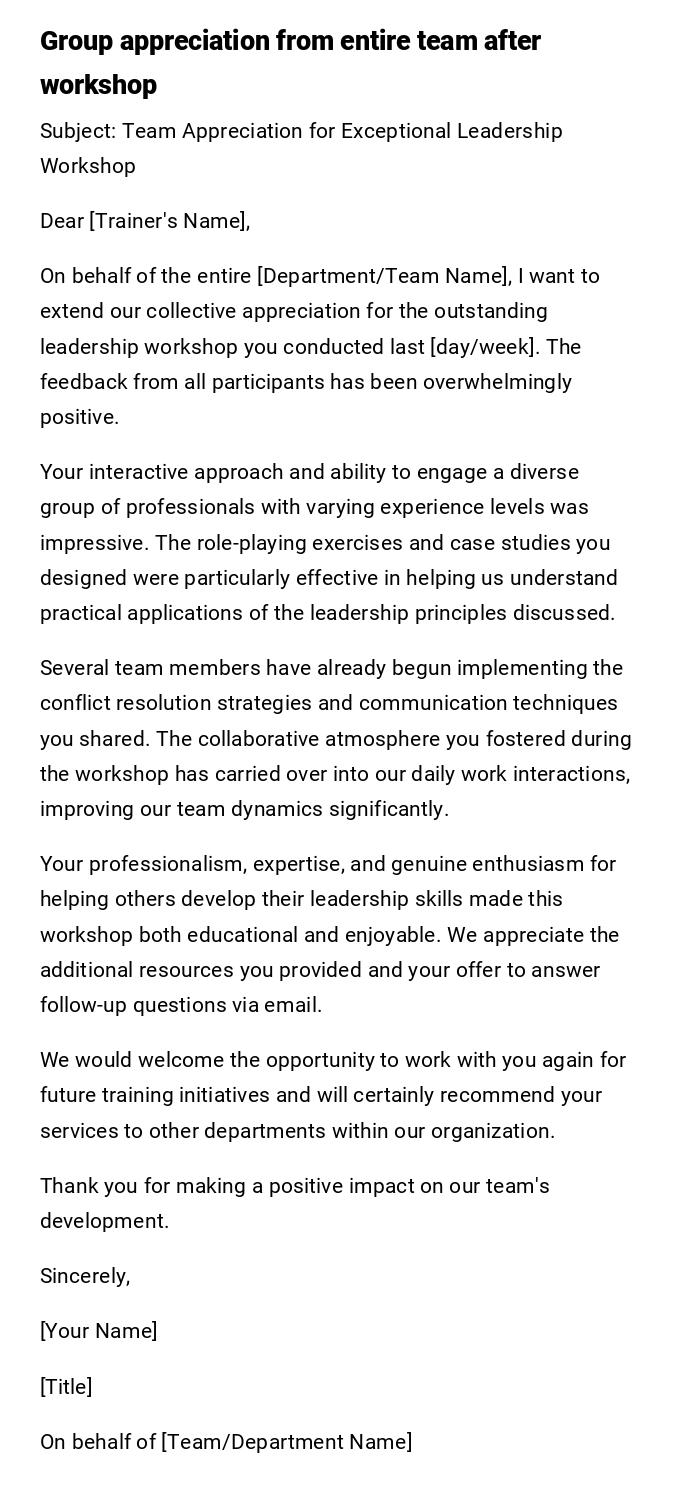 Group appreciation from entire team after workshop Group appreciation from entire team after workshop