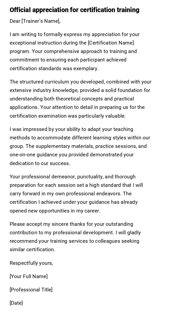 Official appreciation for certification training Official appreciation for certification training