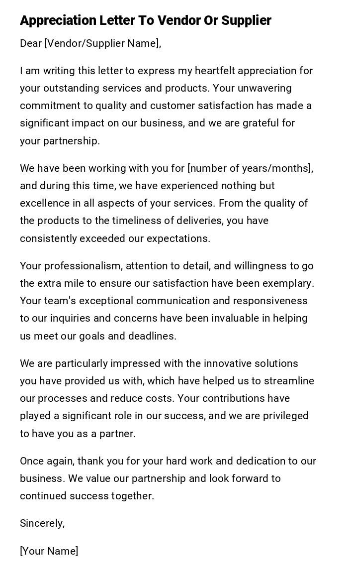 Appreciation Letter To Vendor Or Supplier Appreciation Letter To Vendor Or Supplier