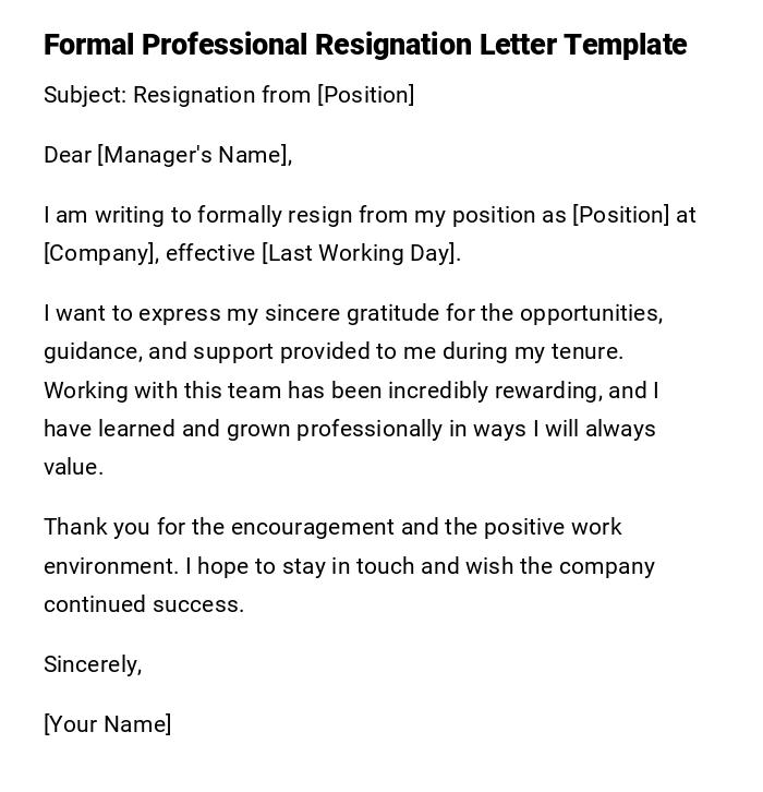 Formal Professional Resignation Letter Template