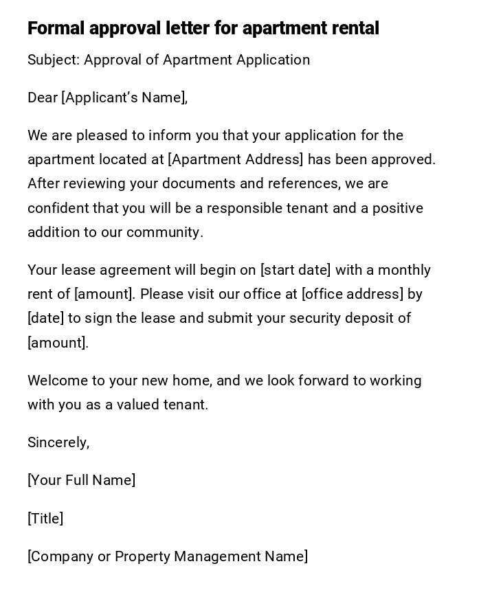 Formal approval letter for apartment rental Formal approval letter for apartment rental