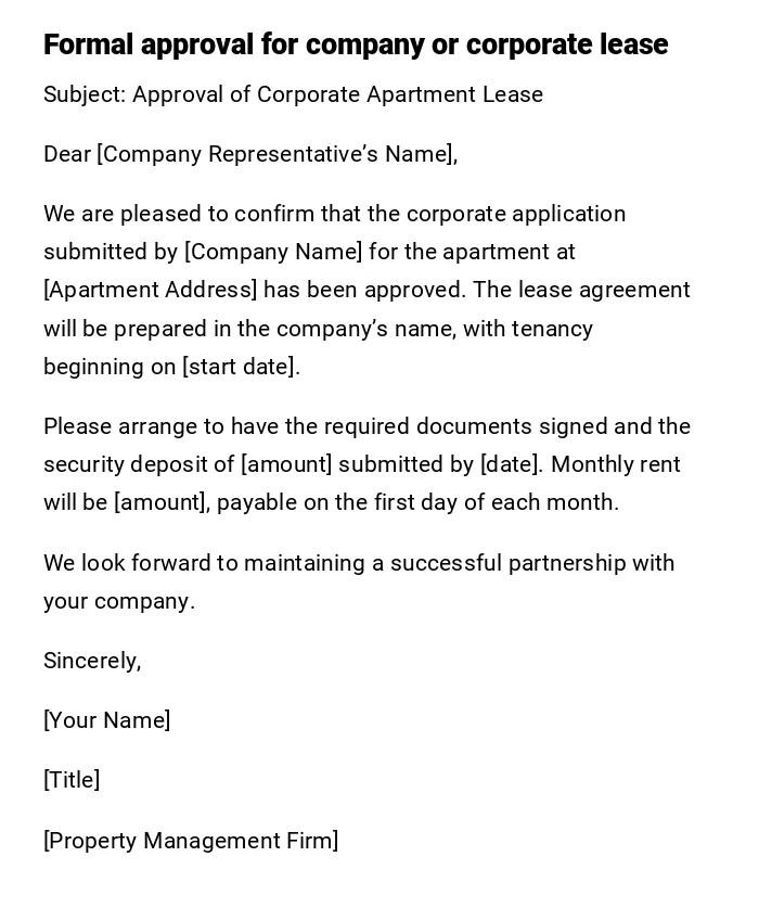 Formal approval for company or corporate lease Formal approval for company or corporate lease