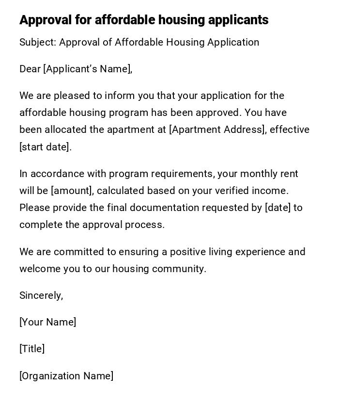 Approval for affordable housing applicants Approval for affordable housing applicants