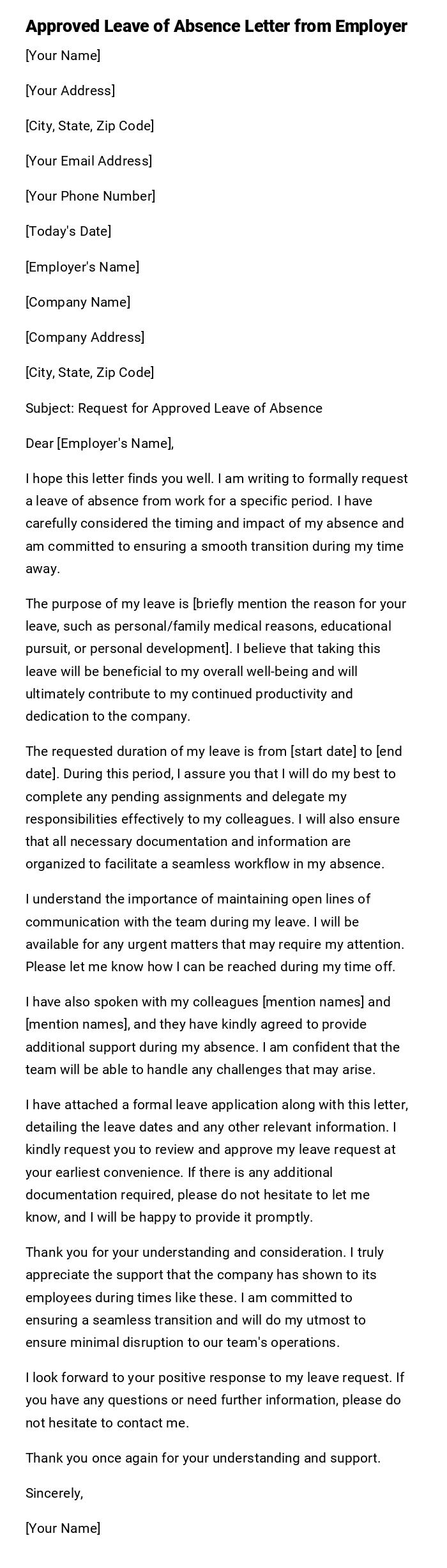 Approved Leave of Absence Letter from Employer