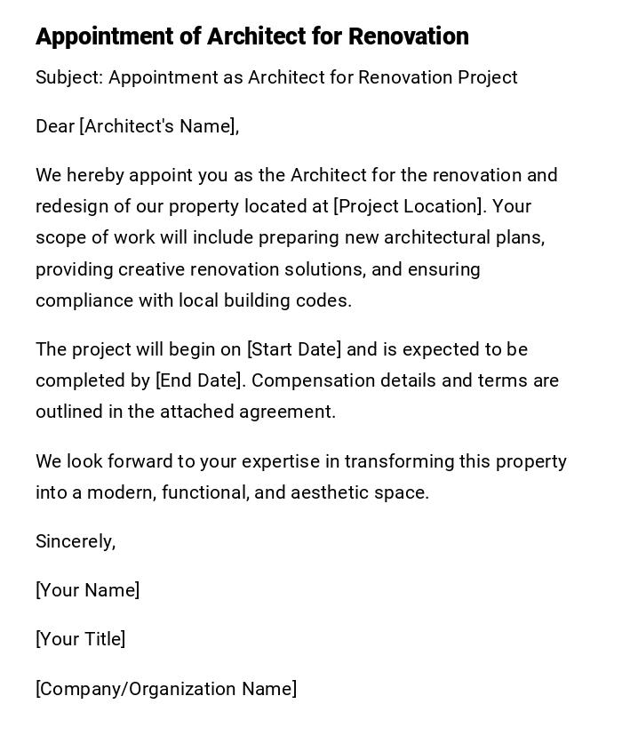 Appointment of Architect for Renovation Appointment of Architect for Renovation