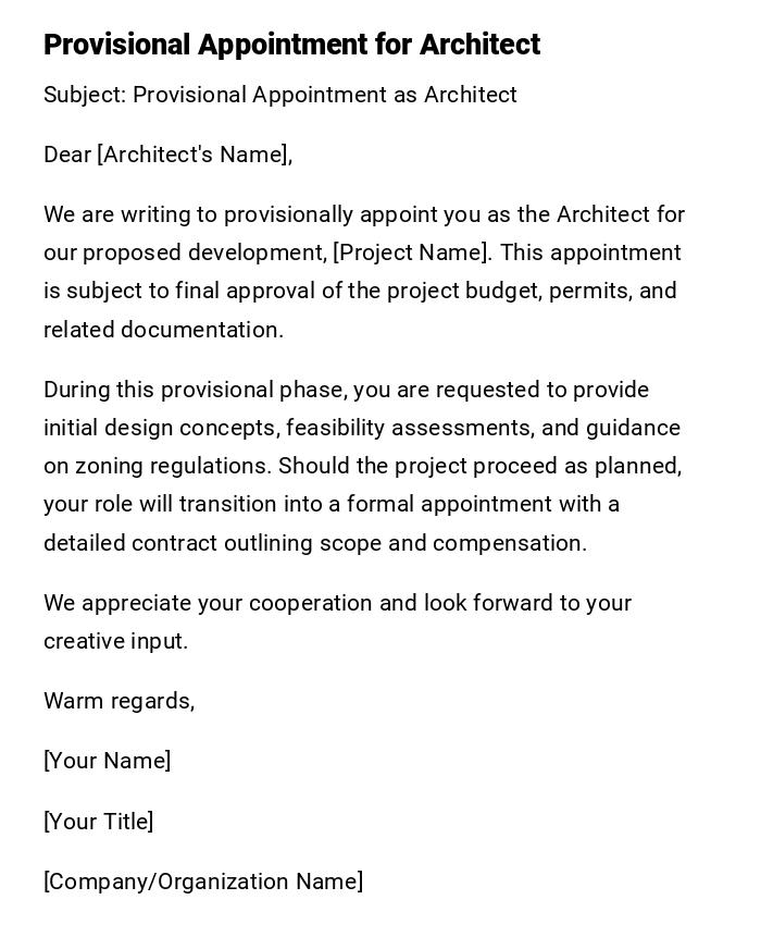 Provisional Appointment for Architect Provisional Appointment for Architect