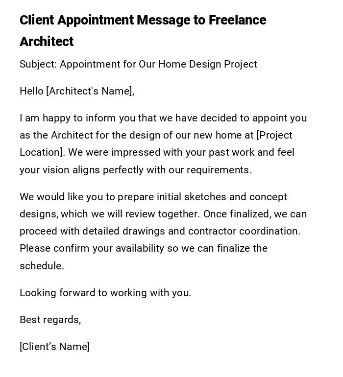 Client Appointment Message to Freelance Architect Client Appointment Message to Freelance Architect