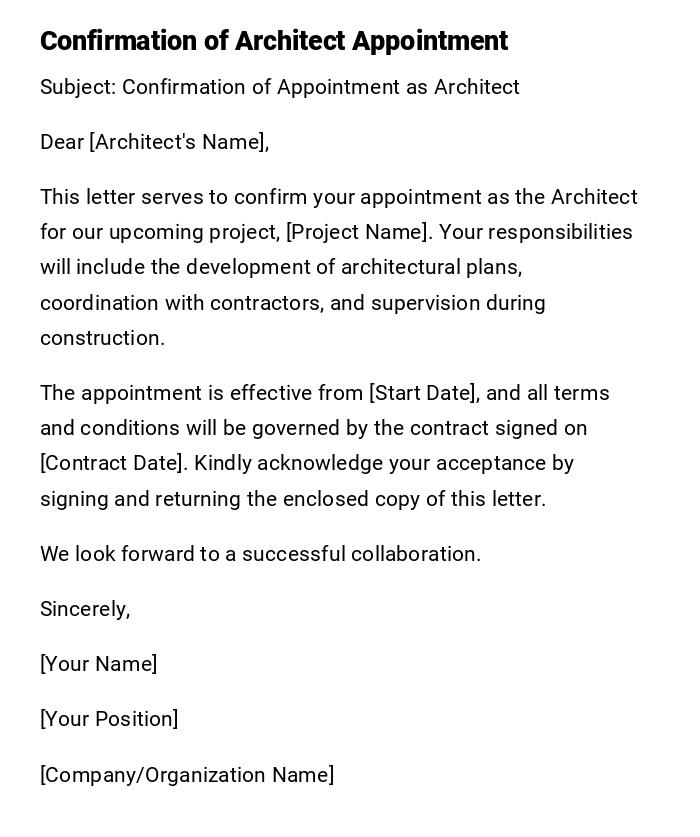 Confirmation of Architect Appointment Confirmation of Architect Appointment