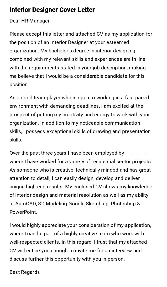 Interior Designer Cover Letter Interior Designer Cover Letter