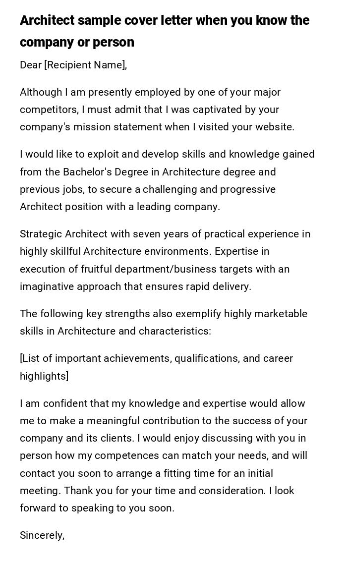 Architect sample cover letter when you know the company or person Architect sample cover letter when you know the company or person