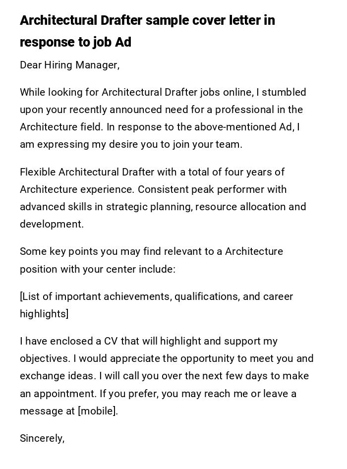 Architectural Drafter sample cover letter in response to job Ad Architectural Drafter sample cover letter in response to job Ad