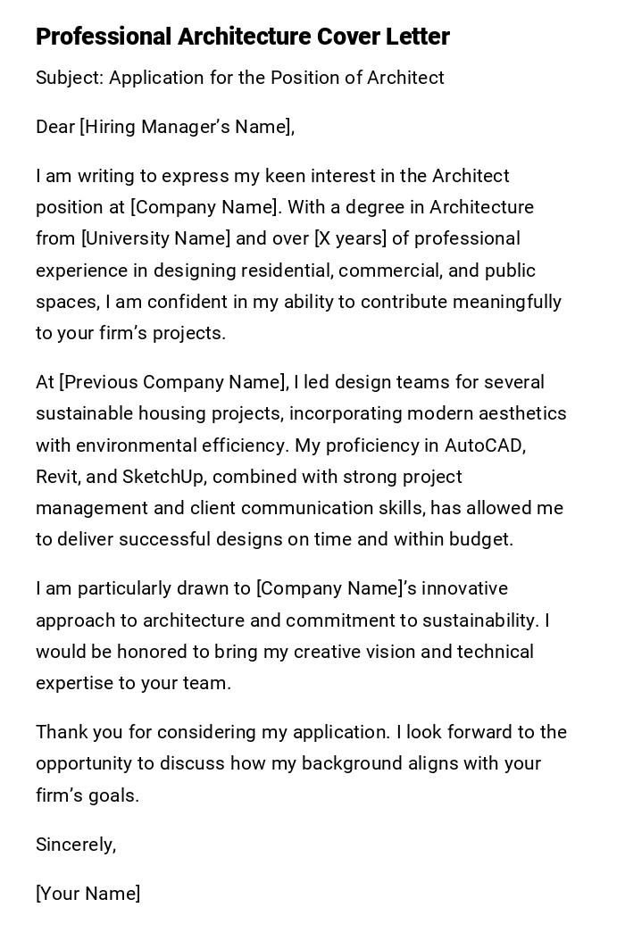Professional Architecture Cover Letter Professional Architecture Cover Letter