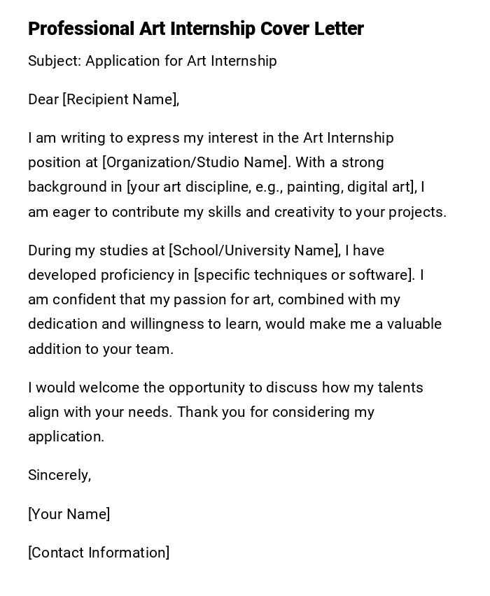 Professional Art Internship Cover Letter Professional Art Internship Cover Letter