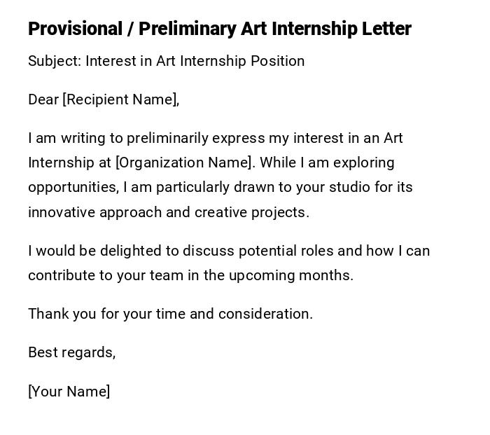 Provisional / Preliminary Art Internship Letter Provisional / Preliminary Art Internship Letter