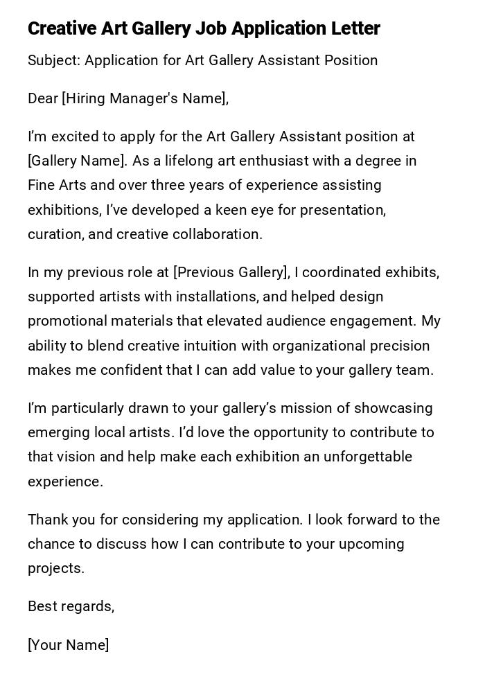 Creative Art Gallery Job Application Letter Creative Art Gallery Job Application Letter