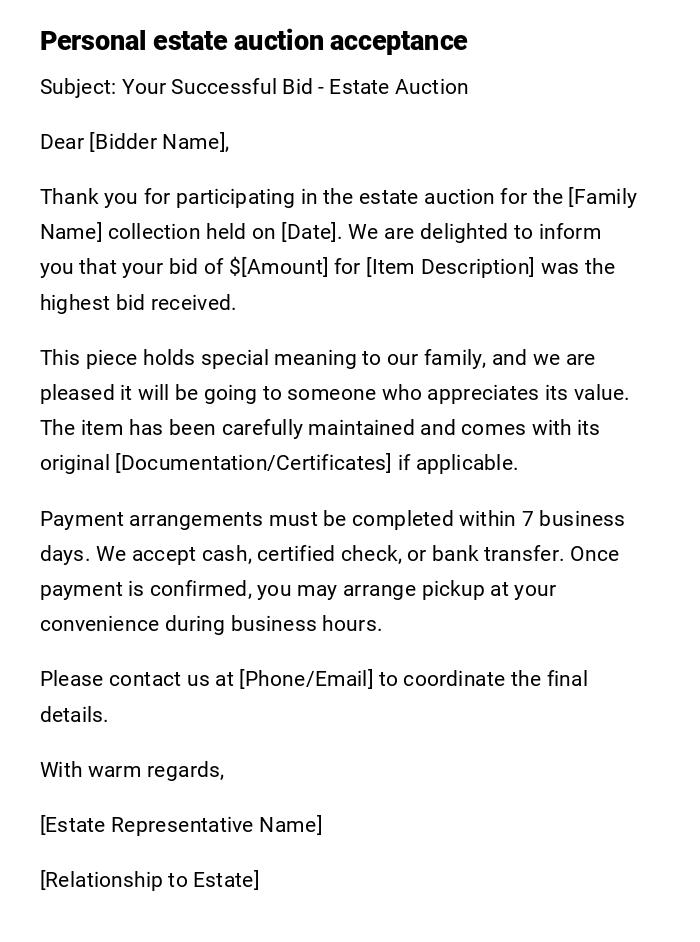 Personal estate auction acceptance Personal estate auction acceptance