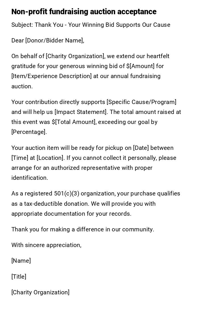 Non-profit fundraising auction acceptance Non-profit fundraising auction acceptance