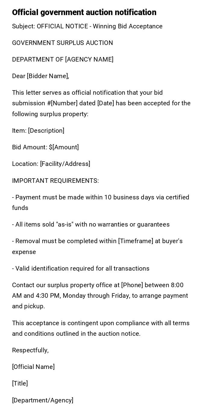 Official government auction notification Official government auction notification