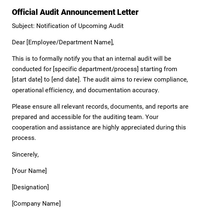 Official Audit Announcement Letter Official Audit Announcement Letter