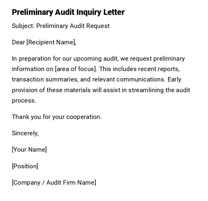 Preliminary Audit Inquiry Letter