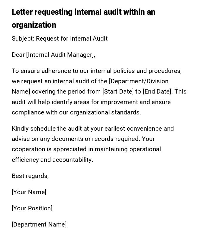 Letter requesting internal audit within an organization Letter requesting internal audit within an organization