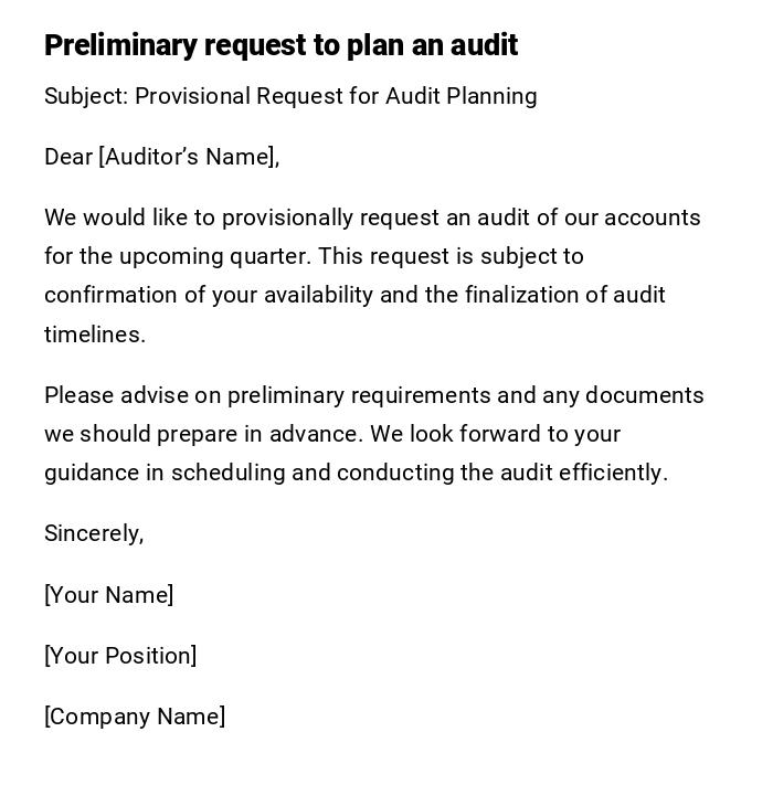 Preliminary request to plan an audit Preliminary request to plan an audit