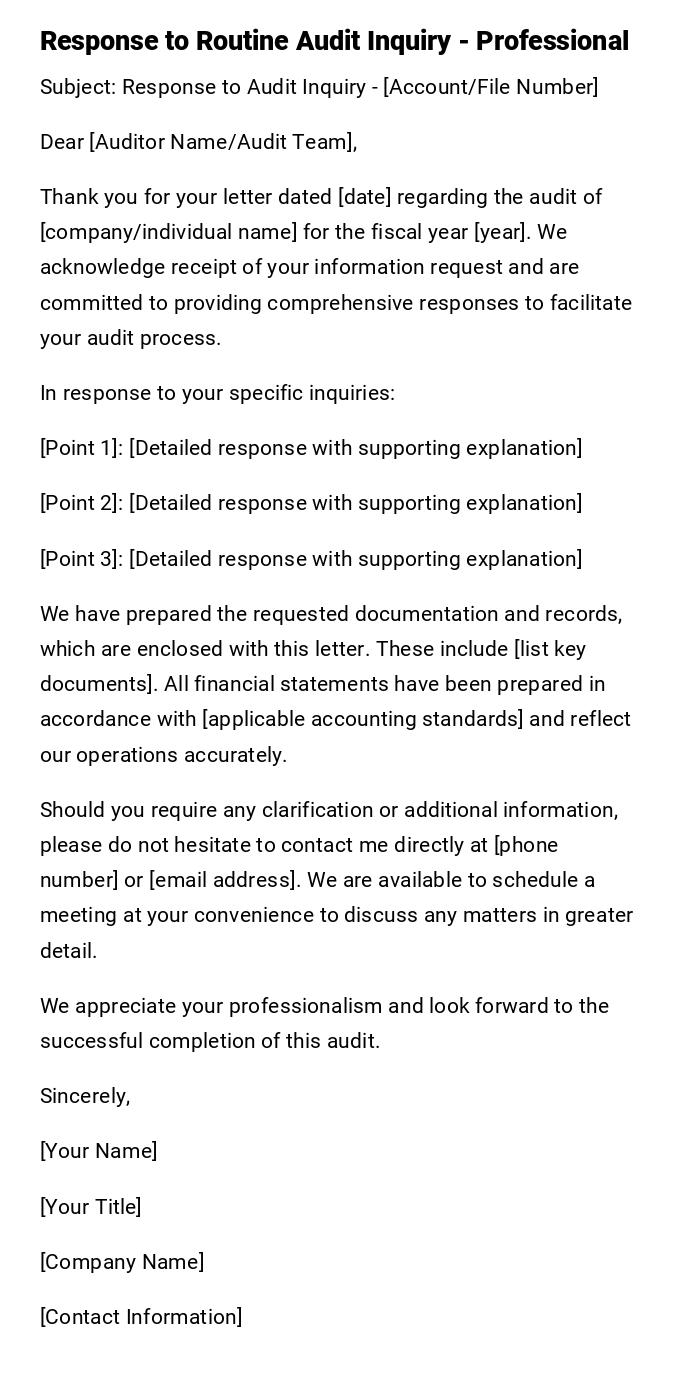 Response to Routine Audit Inquiry - Professional Response to Routine Audit Inquiry - Professional