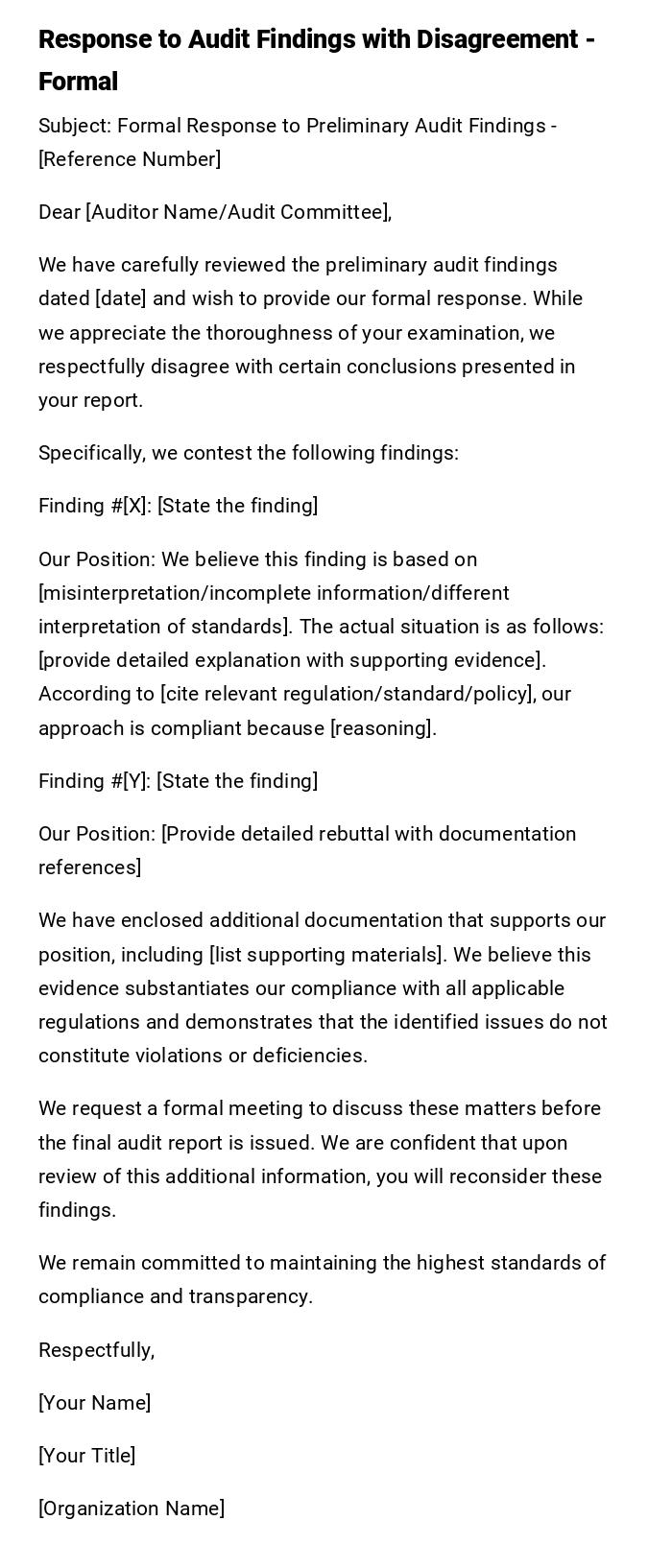Response to Audit Findings with Disagreement - Formal Response to Audit Findings with Disagreement - Formal