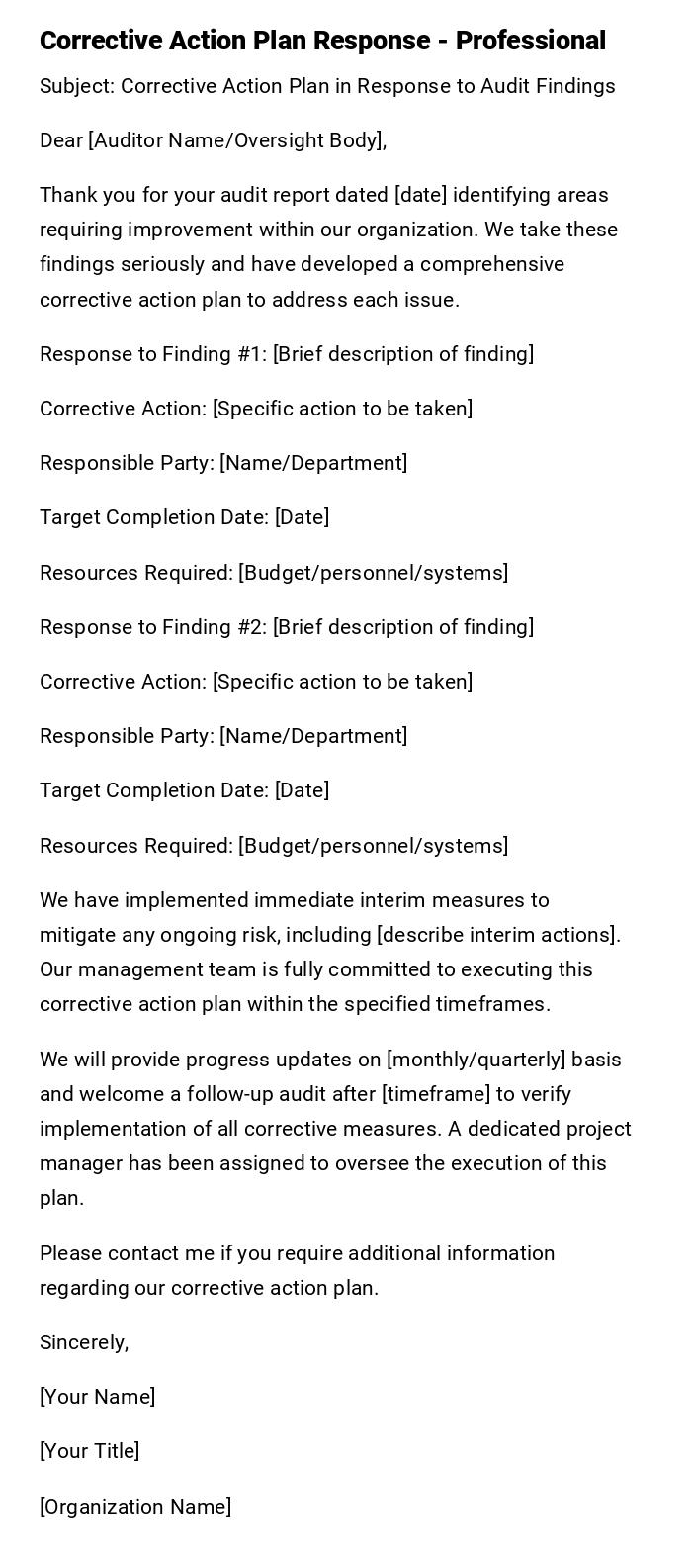 Corrective Action Plan Response - Professional Corrective Action Plan Response - Professional