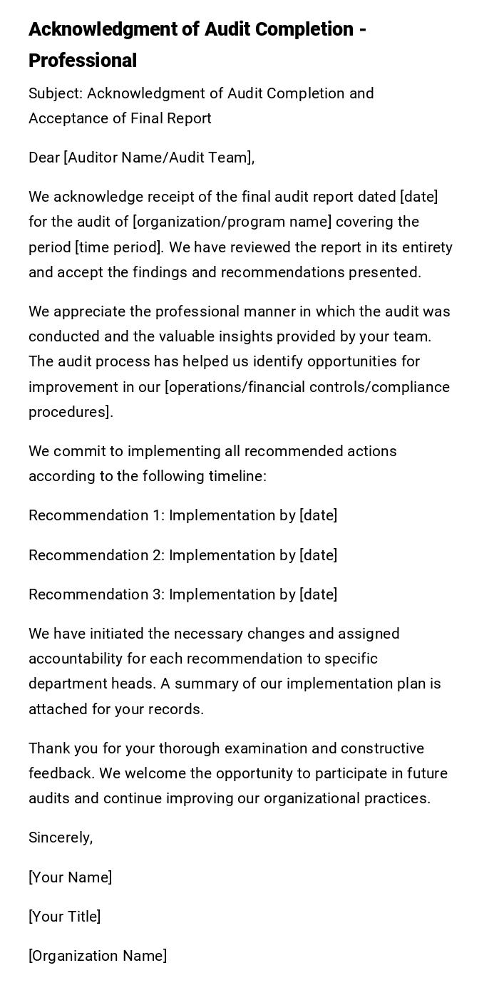 Acknowledgment of Audit Completion - Professional Acknowledgment of Audit Completion - Professional