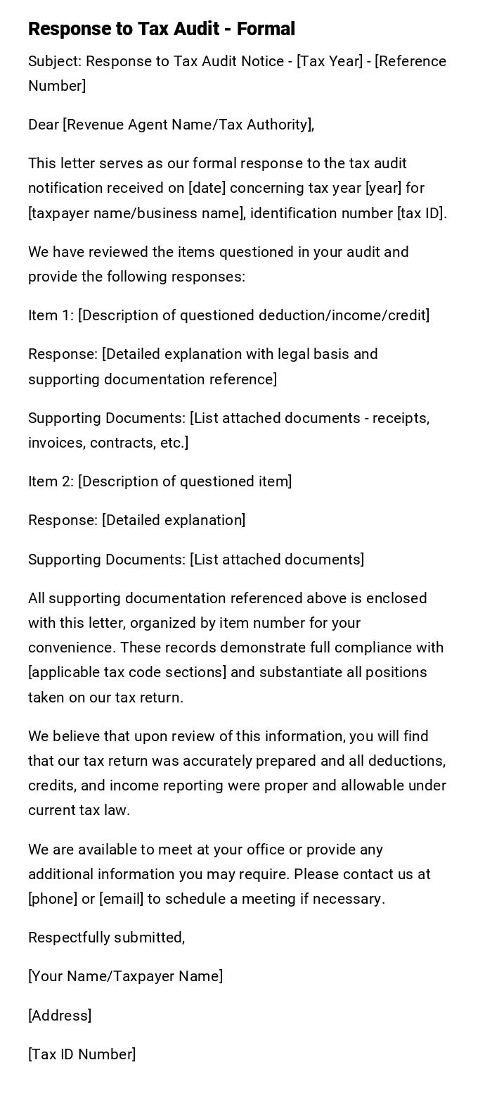 Response to Tax Audit - Formal Response to Tax Audit - Formal