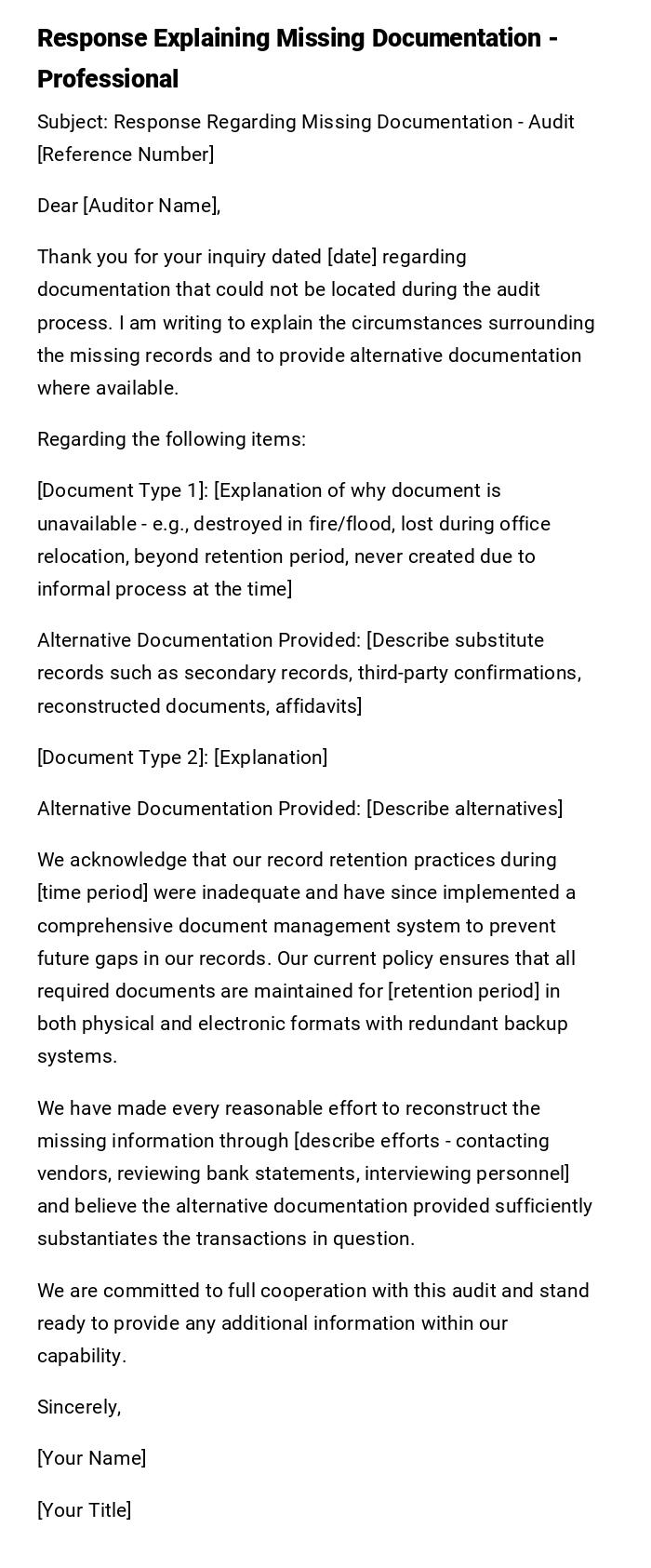 Response Explaining Missing Documentation - Professional Response Explaining Missing Documentation - Professional