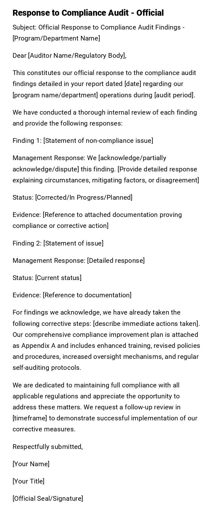 Response to Compliance Audit - Official Response to Compliance Audit - Official