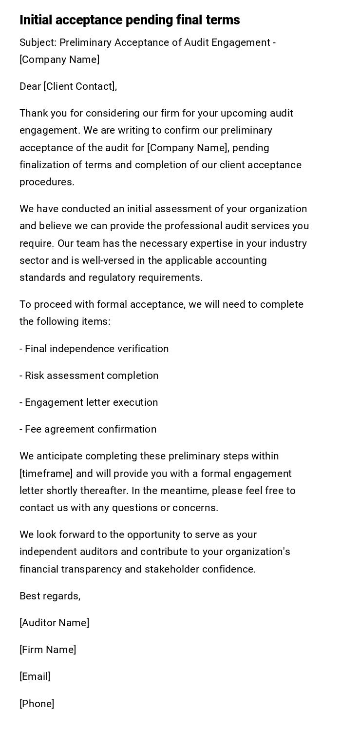 Initial acceptance pending final terms