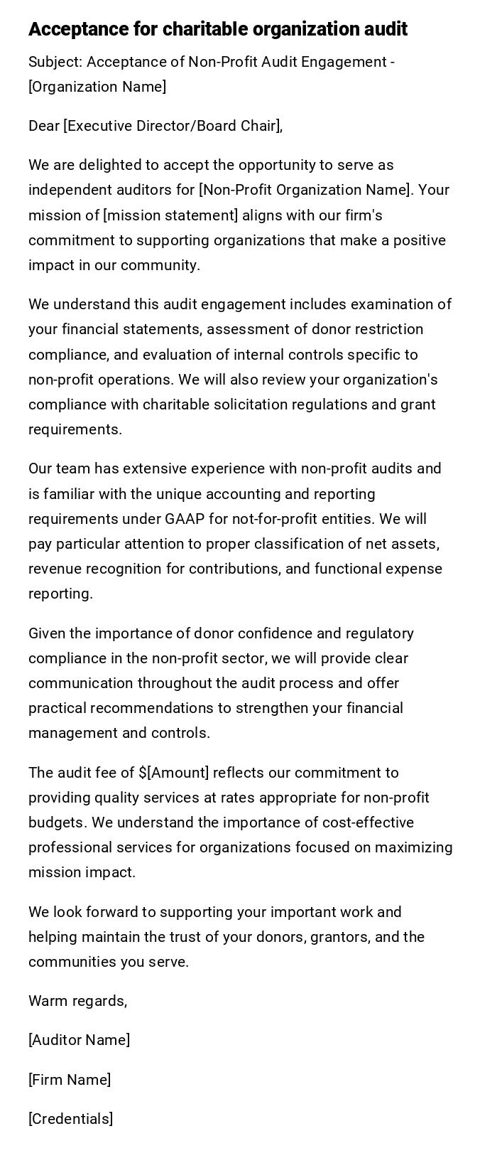 Acceptance for charitable organization audit