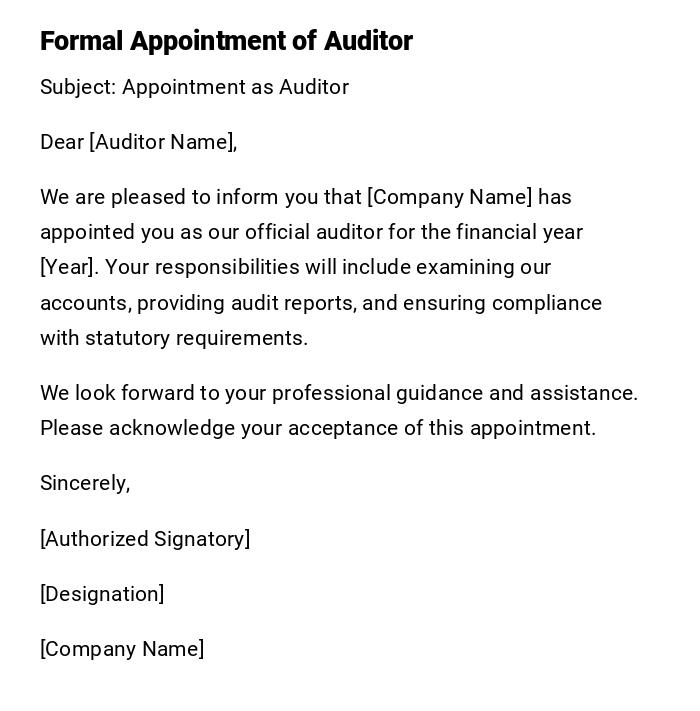 Formal Appointment of Auditor Formal Appointment of Auditor