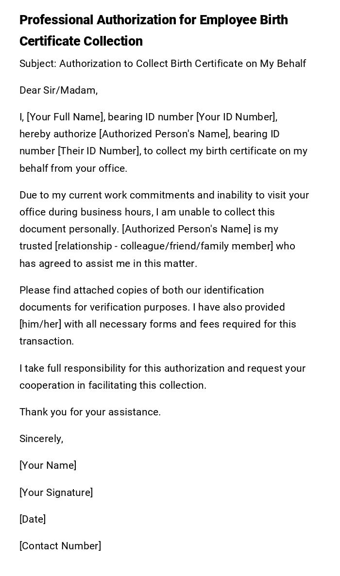 Professional Authorization for Employee Birth Certificate Collection Professional Authorization for Employee Birth Certificate Collection