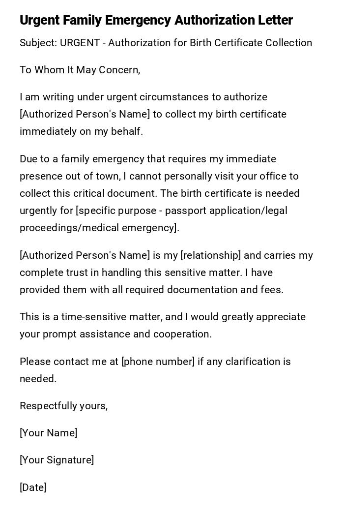 Urgent Family Emergency Authorization Letter Urgent Family Emergency Authorization Letter