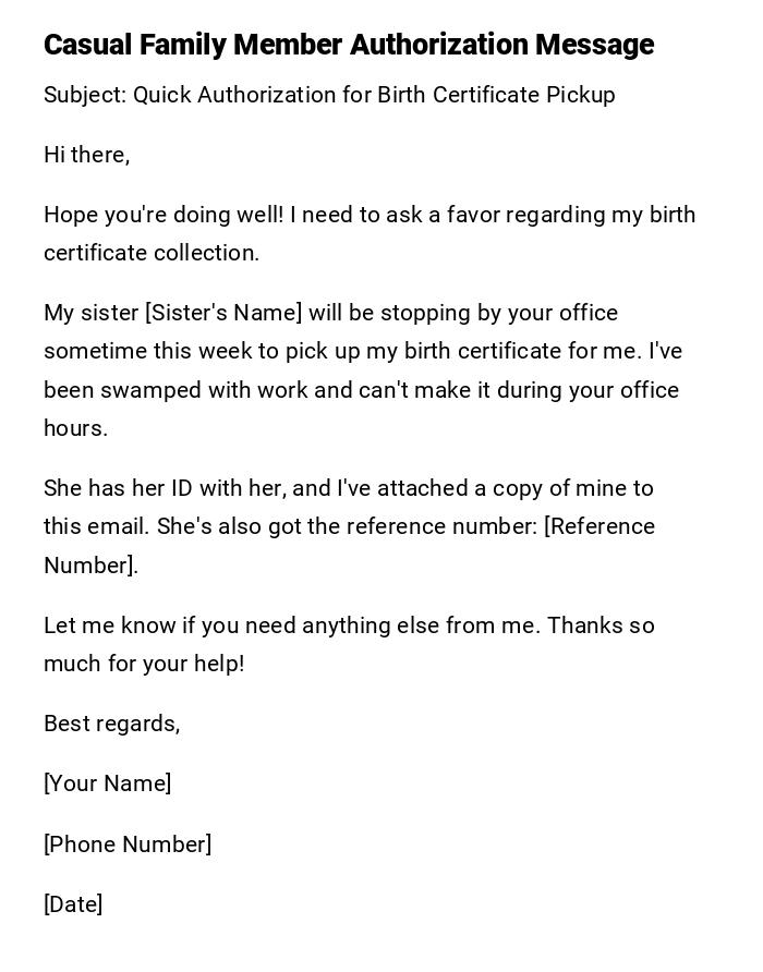 Casual Family Member Authorization Message Casual Family Member Authorization Message
