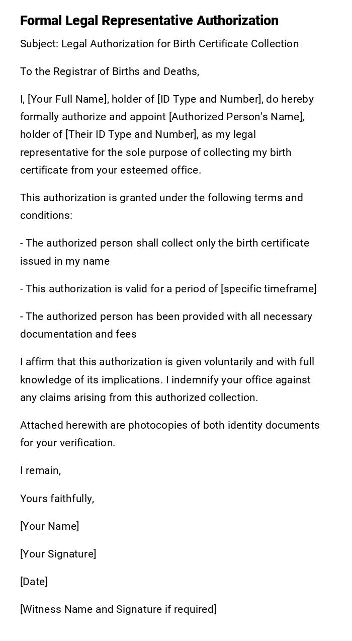 Formal Legal Representative Authorization Formal Legal Representative Authorization