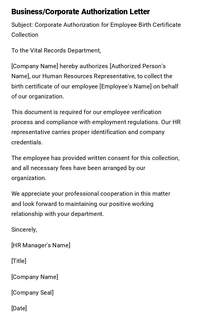 Business/Corporate Authorization Letter Business/Corporate Authorization Letter