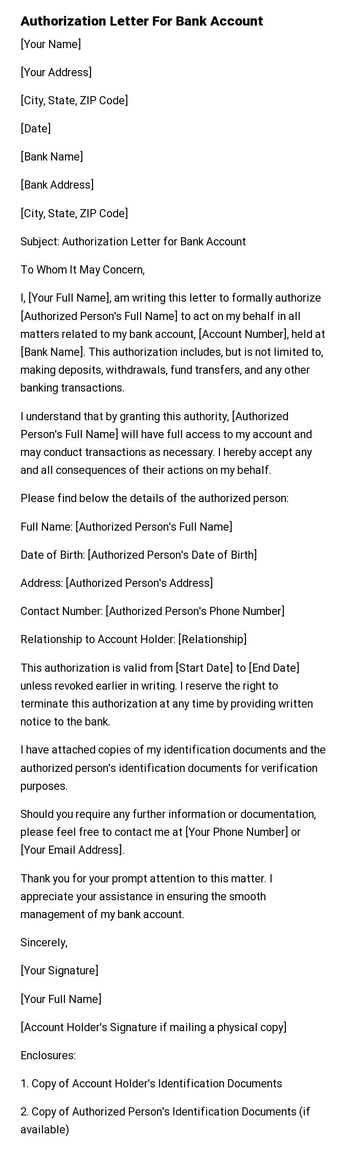 Authorization Letter For Bank Account