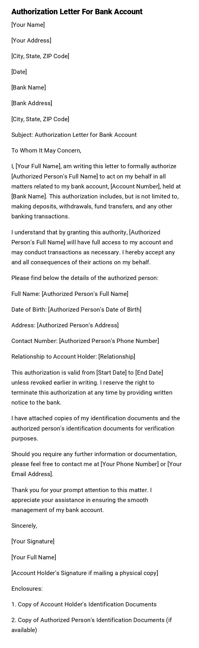 Authorization Letter For Bank Account