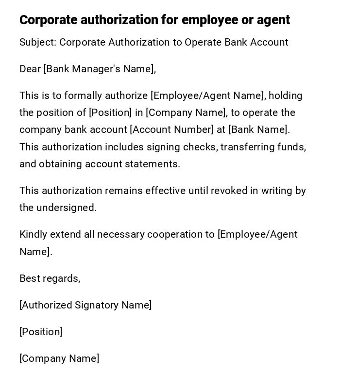 Corporate authorization for employee or agent Corporate authorization for employee or agent