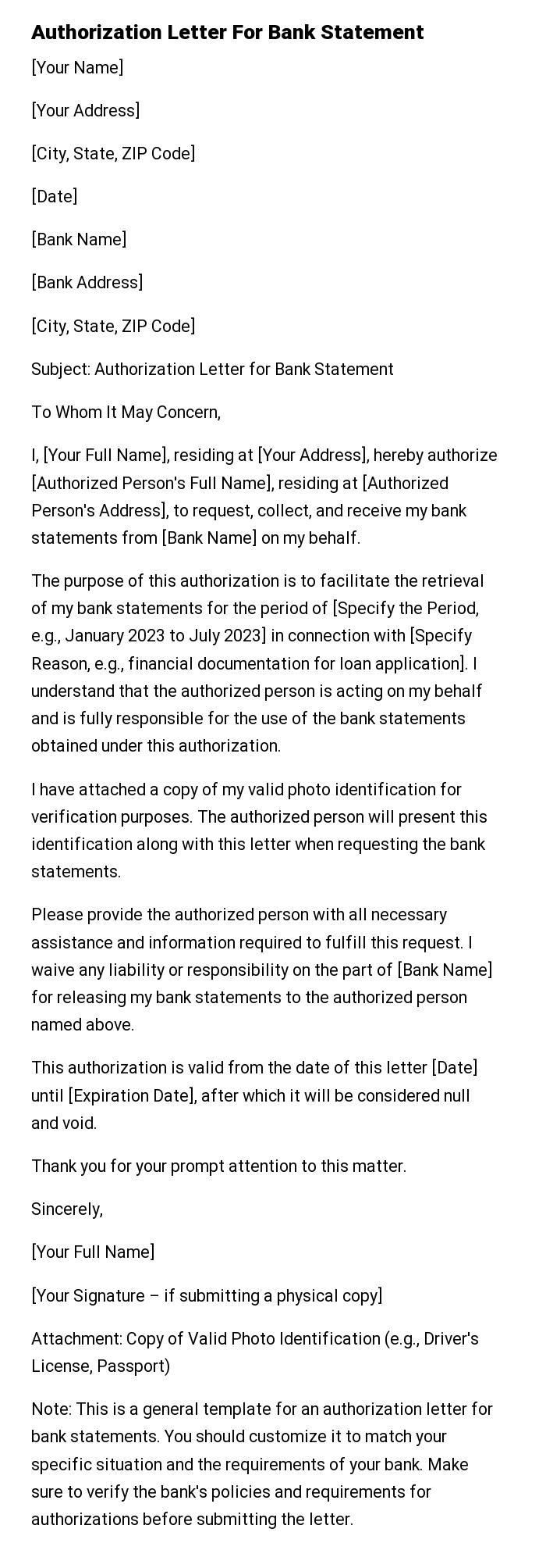 Authorization Letter For Bank Statement