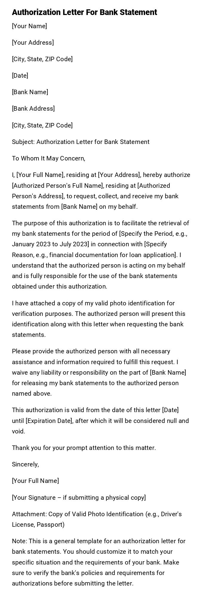 Authorization Letter For Bank Statement