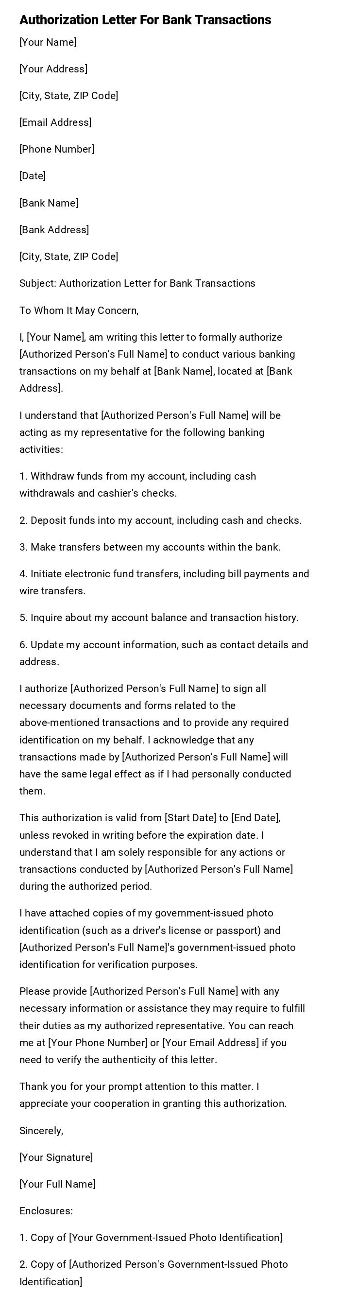 Authorization Letter For Bank Transactions