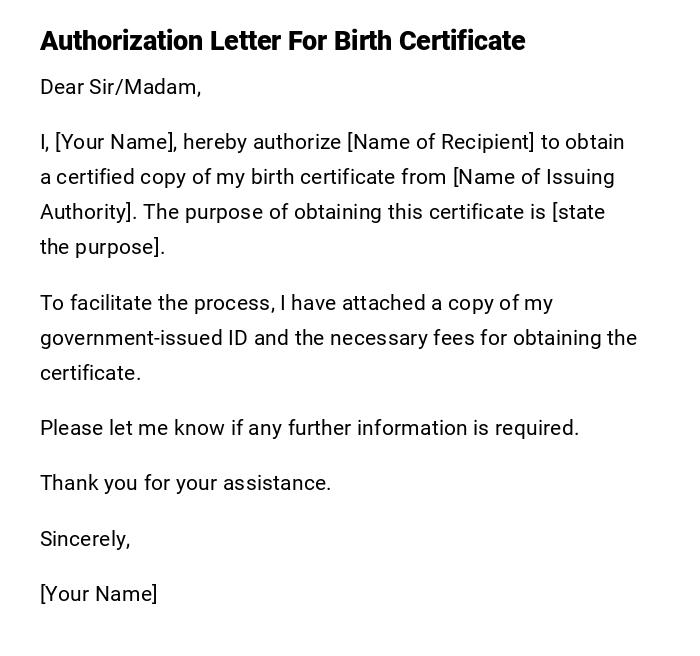 Authorization Letter For Birth Certificate Authorization Letter For Birth Certificate
