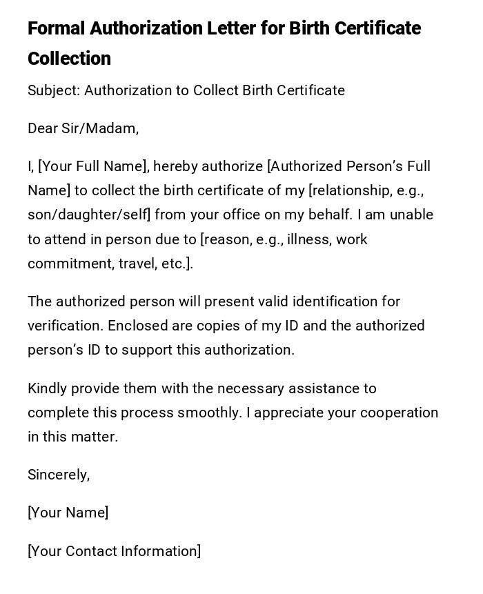 Formal Authorization Letter for Birth Certificate Collection Formal Authorization Letter for Birth Certificate Collection