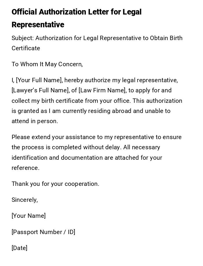 Official Authorization Letter for Legal Representative Official Authorization Letter for Legal Representative